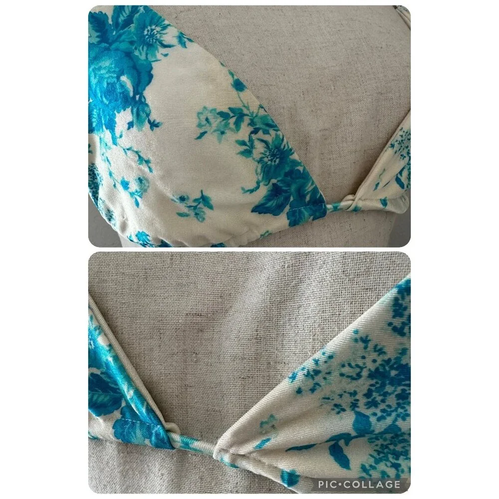 Frankies Bikinis Two Set Triangle Ruched Blue Floral Print XS